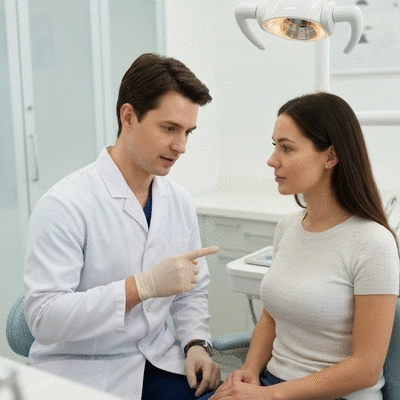 Dentist consulting with a patient in a modern, clean dental office, showing care and professionalism, focus on interaction