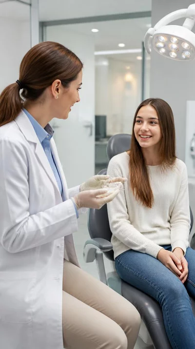 Orthodontist explaining treatment options to a smiling teenager