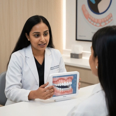 Orthodontist explaining digital 3D model of teeth to a patient, highlighting the precision and effectiveness of lingual braces, no text, no words, no typography, clean image