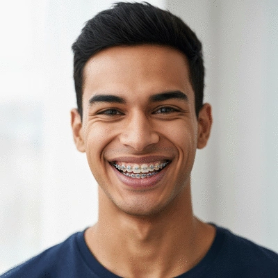 Adulte souriant avec des appareils orthodontiques linguaux invisibles, montrant la discrétion du traitement, no text, no words, no typography, clean image, 8K