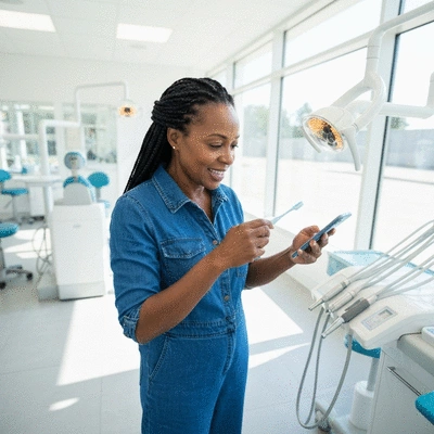 Orthodontist showing a patient how to properly brush their teeth with braces using a dental model