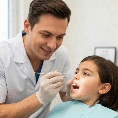 Orthodontiste examinant les dents d'un enfant avec des instruments, dans un cadre professionnel et rassurant