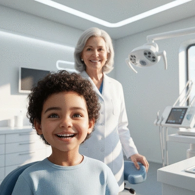 Child smiling with braces, dentist consultation