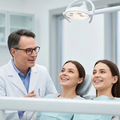 Orthodontiste expliquant les étapes du traitement à un patient souriant