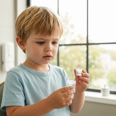 Child holding a small container with a tooth, looking concerned