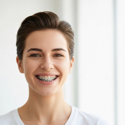 Orthodontic patient with braces smiling, bright and clean background, no text, no words, no typography, clean image