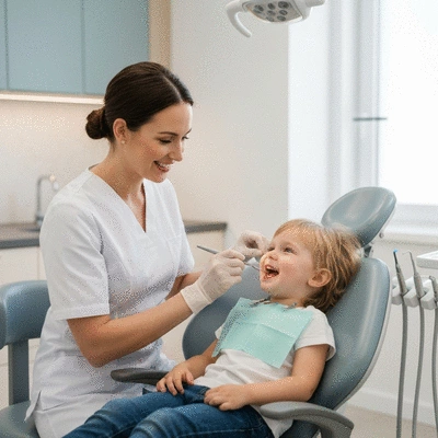 Dentist examining child's teeth in a modern dental office